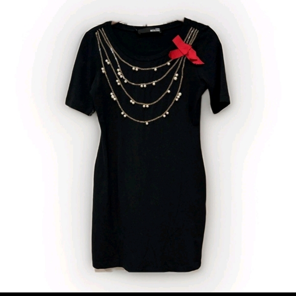 Vintage 2010 Y2K MOSCHINO BLACK TEE SHIRT DRESS Chains Necklace Pearl Betsey - Picture 1 of 7